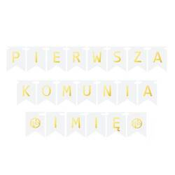 Baner komunijny Pierwsza Komunia + imię flagi złote litery 16cm 1szt BAN-8