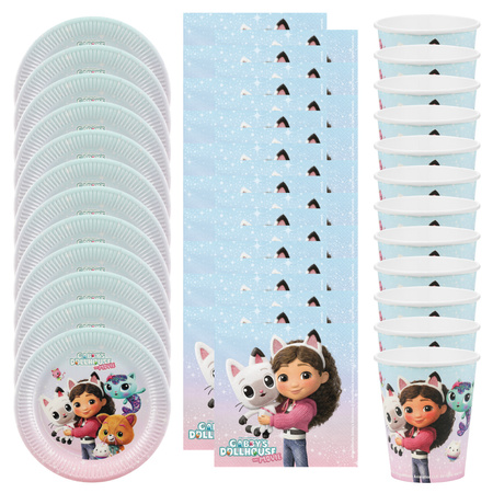 Kubeczki, talerzyki, serwetki Koci Domek Gabi papierowe zestaw urodzinowy na 12 osób zes-GABI3