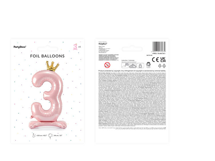 Balon foliowy cyfra 3 różowa z koroną 84 cm 1 sztuka FB126M-3-081J