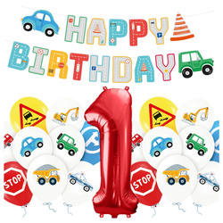 Balony na Roczek 1 urodziny Pojazdy Budowa baner Happy Birthday zestaw zes-AUTO14
