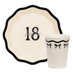 Kubeczki i talerzyki na 18 urodziny papierowe kremowe czarne kokardki po 6 sztuk zes-18-10