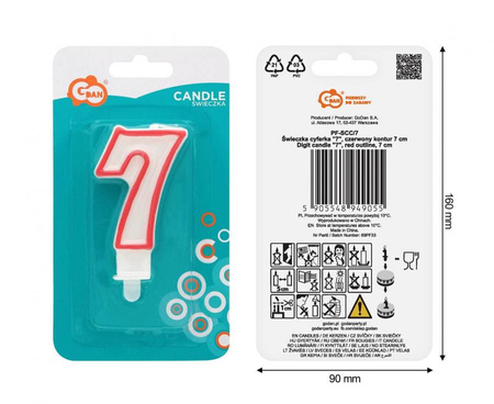Świeczka na tort cyfra 7 czerwony kontur 8 cm 1 sztuka PF-SCC/7