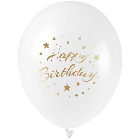 Balony na urodziny białe ze złotym nadrukiem Happy Birthday ......cm 5 sztuk KB2877