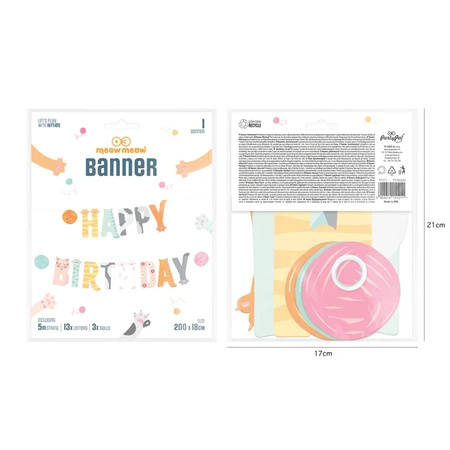 Baner urodzinowy girlanda napis Happy Birthday Kotki 200x18cm 1 sztuka 151211