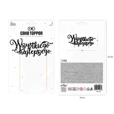 Topper na tort z napisem Wszystkiego najlepszego czarny brokatowy 19cm 1 sztuka 144626