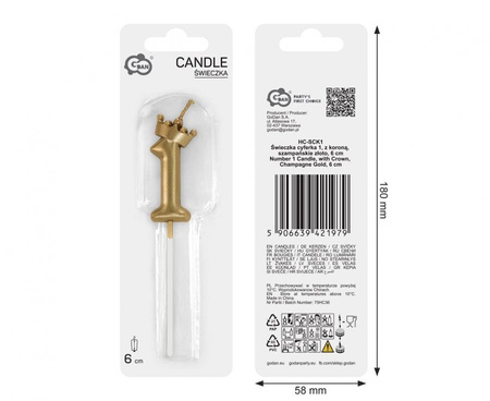 Świeczka na tort cyfra 1 z koroną szampańskie złoto 6 cm 1 sztuka HC-SCK1
