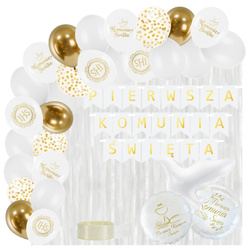 Balony na Komunię baner kurtyna białe złote zestaw A63