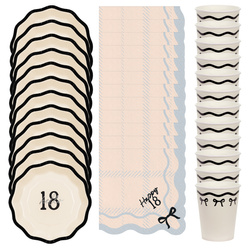 Kubeczki, talerzyki i serwetki na 18 urodziny papierowe kremowe czarne kokardki 12 osób zes-18-12