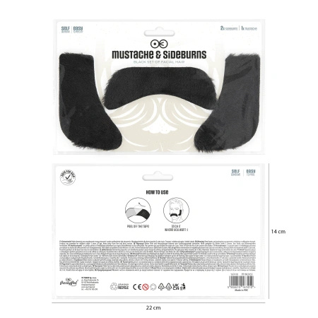 Sztuczne wąsy bokobrody samoprzylepne czarne zestaw PartyPal 167410