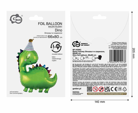 Balon Dinozaur w czapce zielony foliowy 66x80cm 1 sztuka BF-HDWC