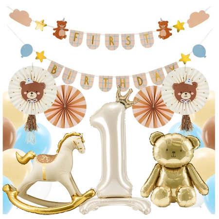 Balony girlanda na Roczek napis First Birthday misie zestaw