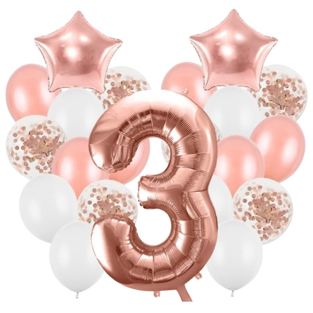 Balony na 3 urodziny różowe złoto zestaw 21 sztuk A23