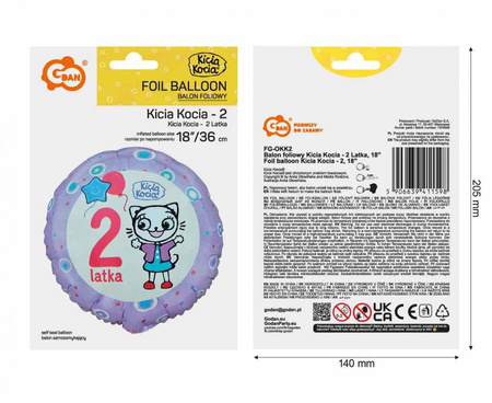 Balon Kicia Kocia 2 latka urodziny okrągły foliowy 36cm Godan 1 sztuka FG-OKK2
