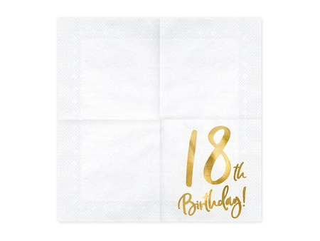 Serwetki na 18 urodziny białe złoty nadruk 33x33cm 20 sztuk SP33-77-18-008 