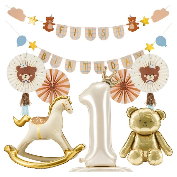 Balony girlanda na Roczek napis First Birthday misie zestaw