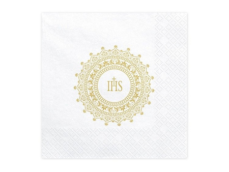 Serwetki komunijne białe IHS złoty ornament 33x33cm 240 sztuk 12 paczek SP33-63-019-KARTON