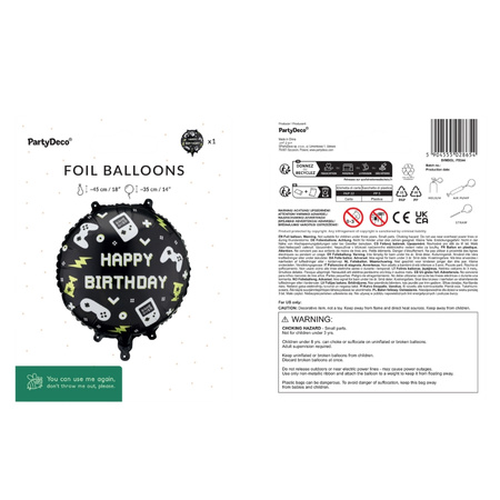 Balon foliowy pady do gier z napisem Happy Birthday pastylka okrągły 35 cm 1 sztuka FB344