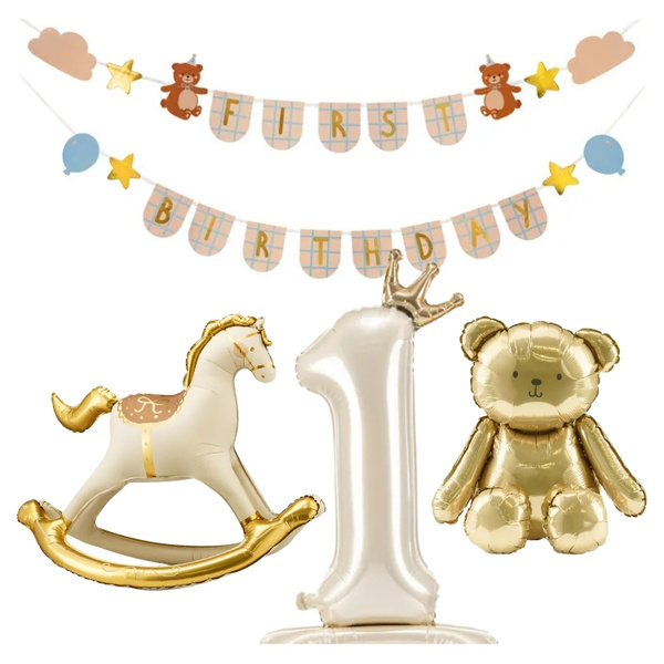 Balony girlanda na Roczek napis First Birthday misie zestaw