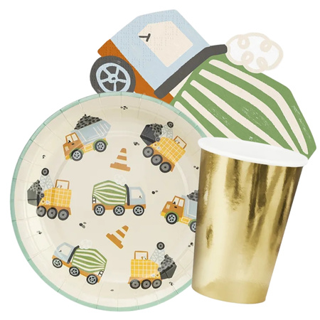 Talerzyki kubeczki serwetki papierowe budowa pojazdy budowlane zestaw urodzinowy dla 18 osób zes-AUTO25