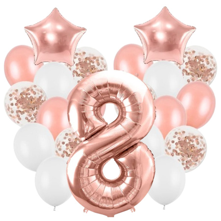 Balony na 8 urodziny różowe złoto zestaw 21 sztuk A28