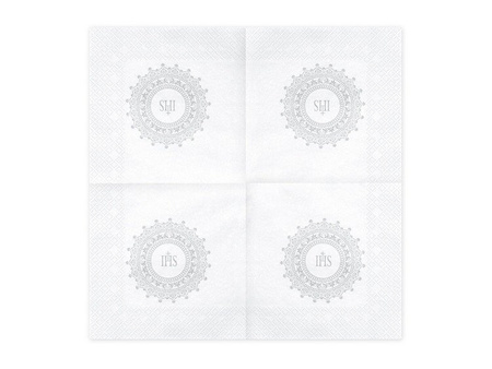 Serwetki komunijne białe IHS srebrny ornament 33x33cm 240 sztuk 12 paczek SP33-63-018-KARTON