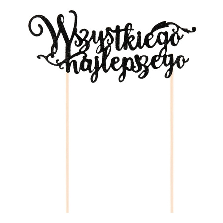 Topper na tort z napisem Wszystkiego najlepszego czarny brokatowy 19cm 1 sztuka 144626