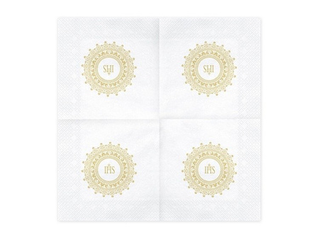 Serwetki komunijne białe IHS złoty ornament 33x33cm 240 sztuk 12 paczek SP33-63-019-KARTON