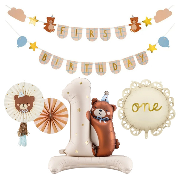 Balony girlanda na Roczek napis First Birthday misie zestaw