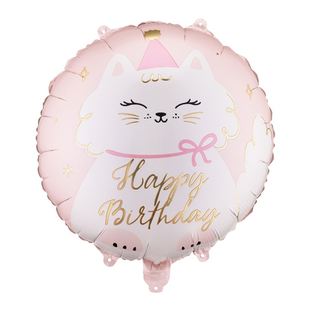 Balon foliowy Kotek z napisem Happy Birthday pastylka okrągły 35 cm 1 sztuka FB361