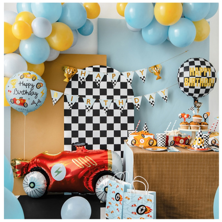 Balon foliowy sportowe auta z napisem Happy Birthday pastylka okrągły 35 cm 1 sztuka FB342