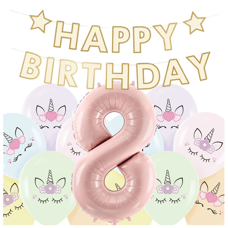 Dekoracje na 8 urodziny Jednorożce baner balony zestaw zes-JED21