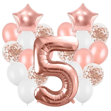 Balony na 5 urodziny różowe złoto zestaw 21 sztuk A25