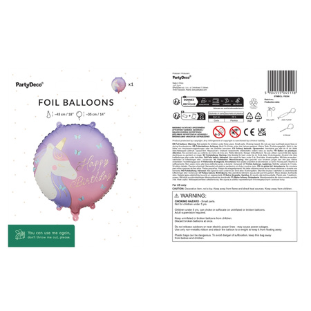 Balon foliowy Jednorożec z napisem Happy Birthday pastylka okrągły 35 cm 1 sztuka FB354