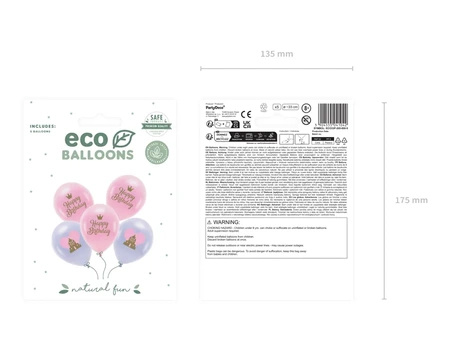 Balony Eco 26cm Happy Birthday różowe księżniczki 5 sztuk ECO33P-205-000-5x