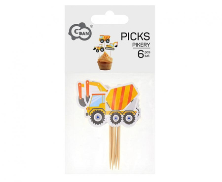 Dekoracje do babeczek Budowa koparka batoniarka wywrotka pikery 6 sztuk PF-PDPB