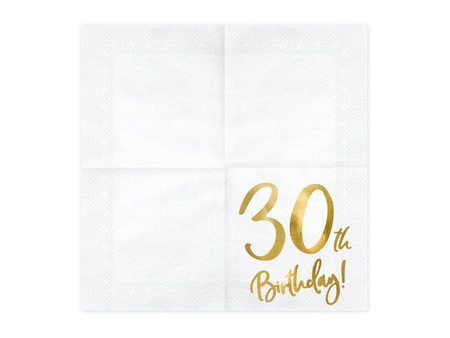 Serwetki na 30 urodziny białe złoty nadruk 33x33cm 20 sztuk SP33-77-30-008 