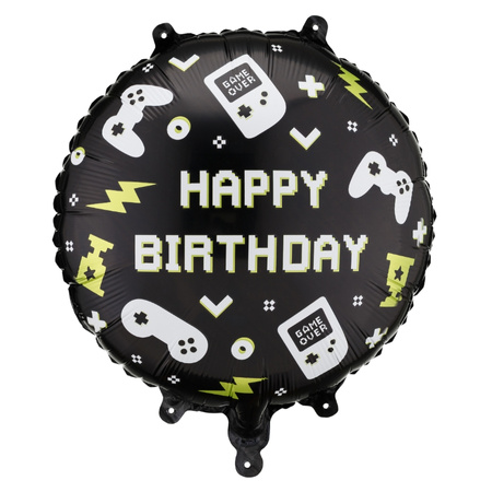 Balon foliowy pady do gier z napisem Happy Birthday pastylka okrągły 35 cm 1 sztuka FB344