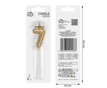 Świeczka na tort cyfra 7 z koroną szampańskie złoto 6 cm 1 sztuka HC-SCK7