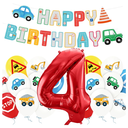 Balony na 4 urodziny Pojazdy Budowa baner Happy Birthday zestaw zes-AUTO17