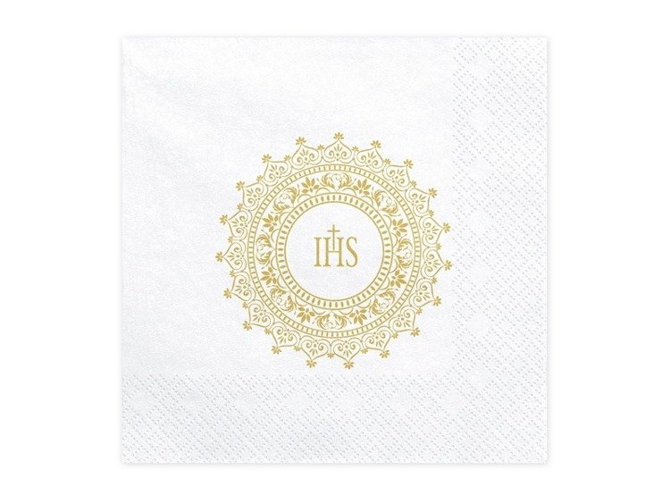 Serwetki komunijne białe IHS złoty ornament 33x33cm 240 sztuk 12 paczek SP33-63-019-KARTON