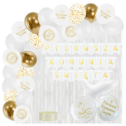 Balony na Komunię baner kurtyna białe złote zestaw A43
