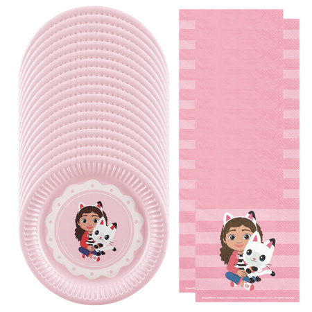 Talerzyki serwetki Koci Domek Gabi urodziny papierowe różowe dla 18 osób zes-GABI7