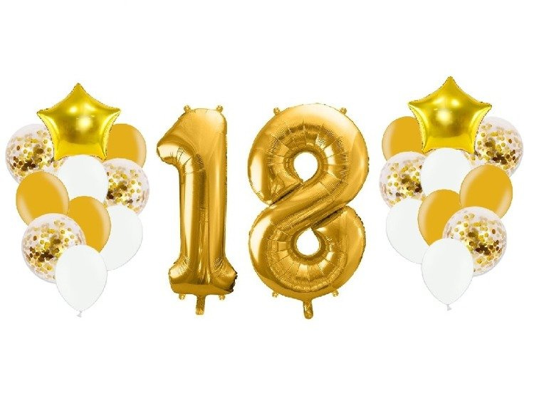 Balony na 18 urodziny złote 22 sztuki A8