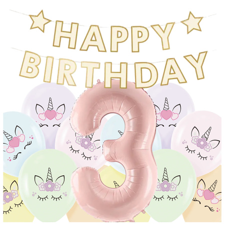 Dekoracje na 3 urodziny Jednorożce baner balony zestaw zes-JED16