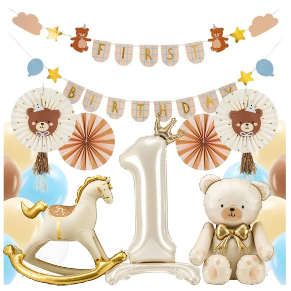 Balony girlanda na Roczek napis First Birthday misie zestaw