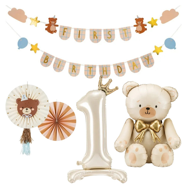 Balony girlanda na Roczek napis First Birthday misie zestaw