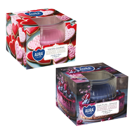 Świece zapachowe w szkle BISPOL 18H Waniliowe ciasteczka ciemne jagody migdał 6 sztuk SN69-373-436-mix