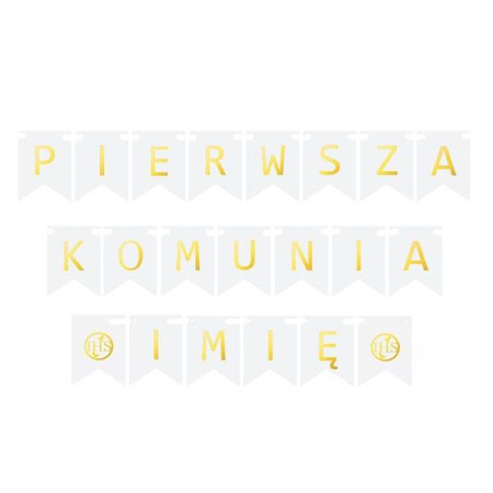 Baner komunijny Pierwsza Komunia + imię flagi złote litery 16cm 1szt BAN-8