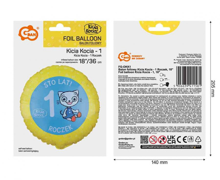 Balon Kicia Kocia Roczek okrągły foliowy 36cm Godan 1 sztuka FG-OKK1