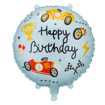 Balon foliowy sportowe auta z napisem Happy Birthday pastylka okrągły 35 cm 1 sztuka FB342